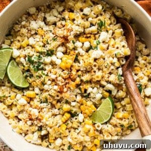Mexican street corn pasta salad in a bowl ready to serve.