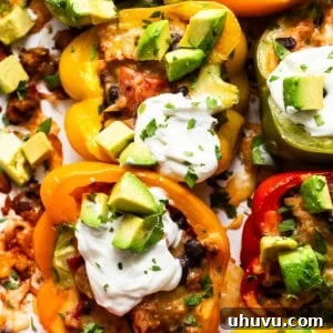 Mexican stuffed peppers served with a dollop of sour cream, avocado, and cilantro.
