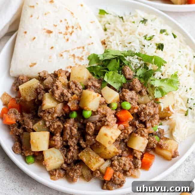 Mexican picadillo on a plate with rice and flour tortillas.