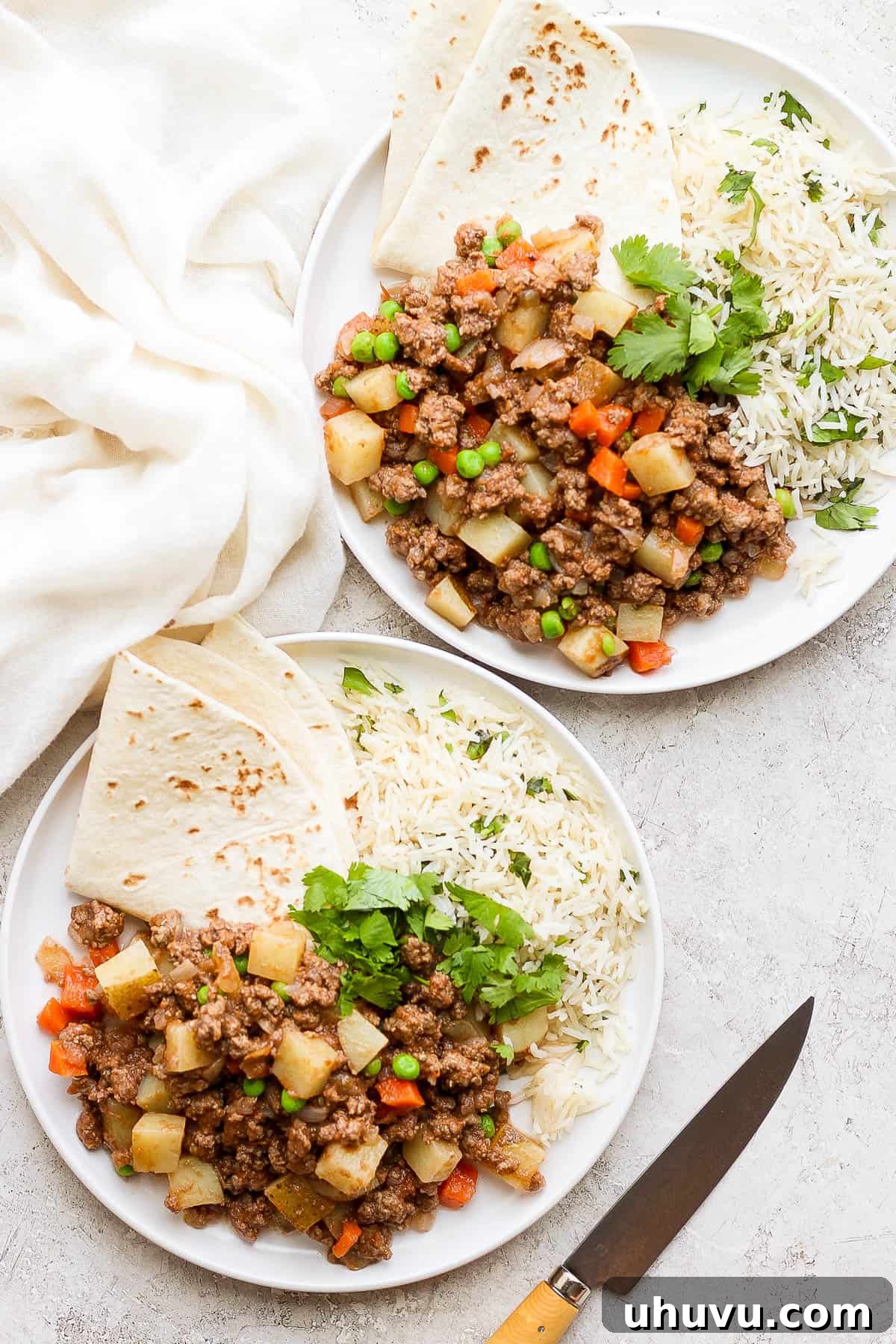Classic Mexican Beef Hash 10 A plate of Mexican picadillo served with cilantro lime rice and warm flour tortillas, garnished with cilantro.