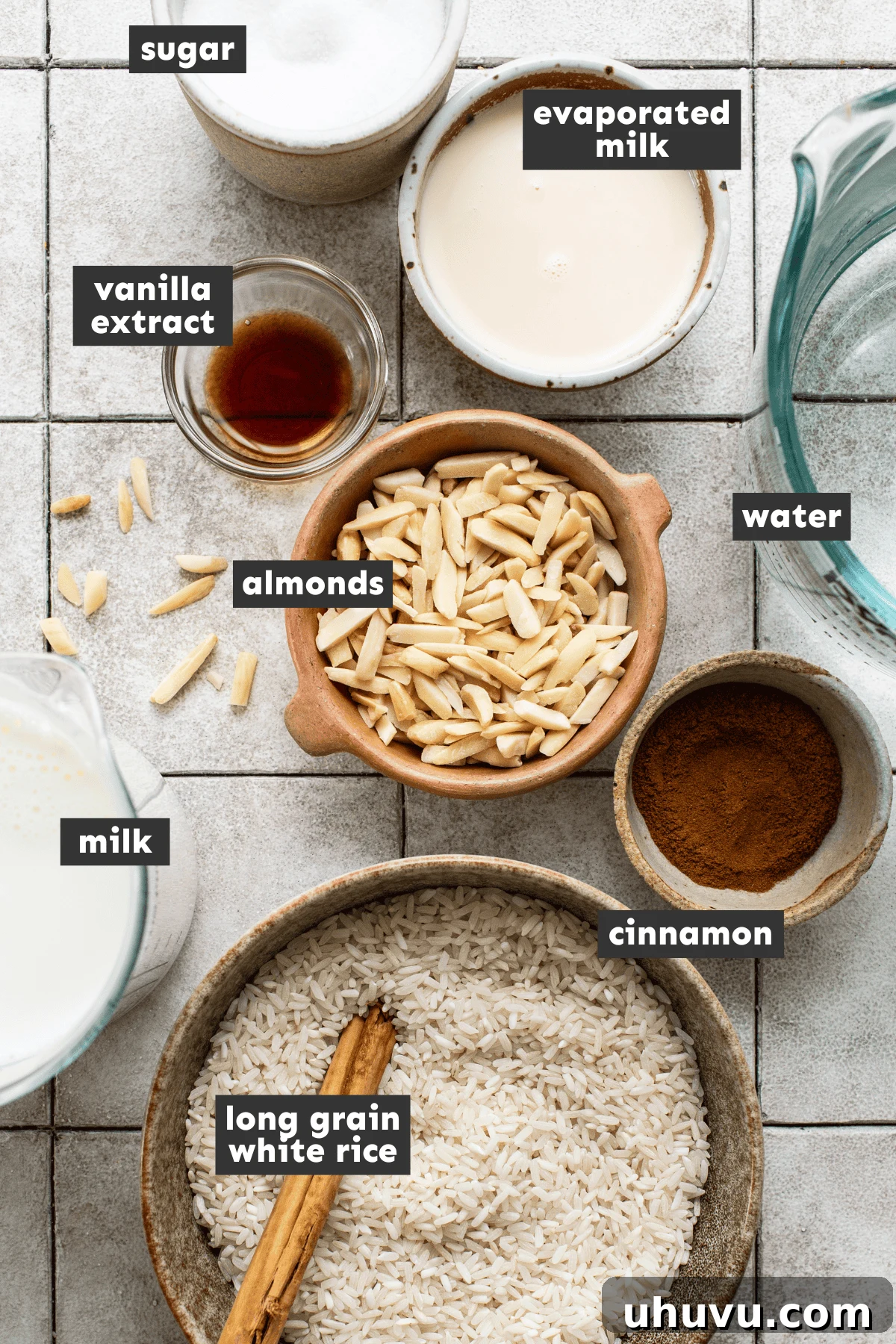 Horchata recipe ingredients measured and separated into mixing bowls