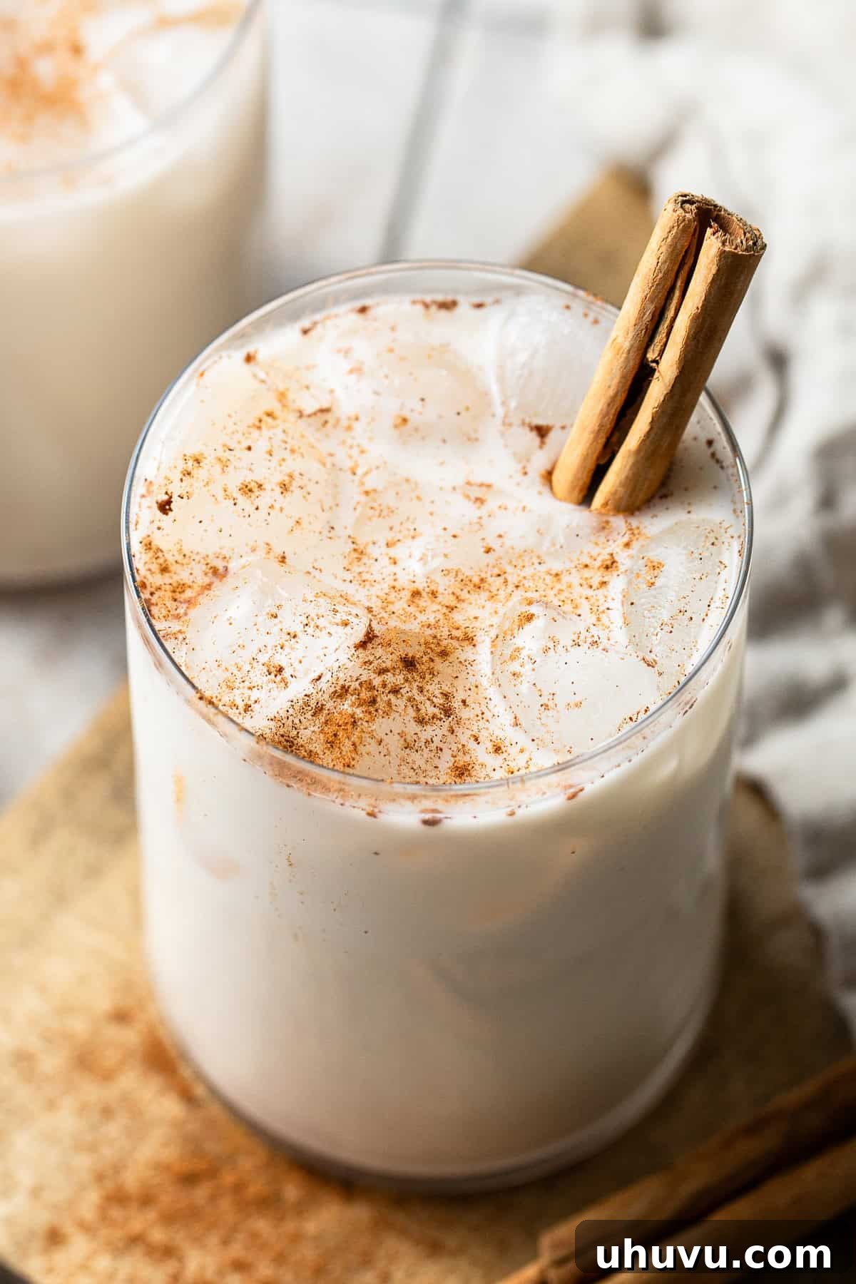 Horchata served over ice in a glass and garnished with a dusting of ground cinnamon and a cinnamon stick