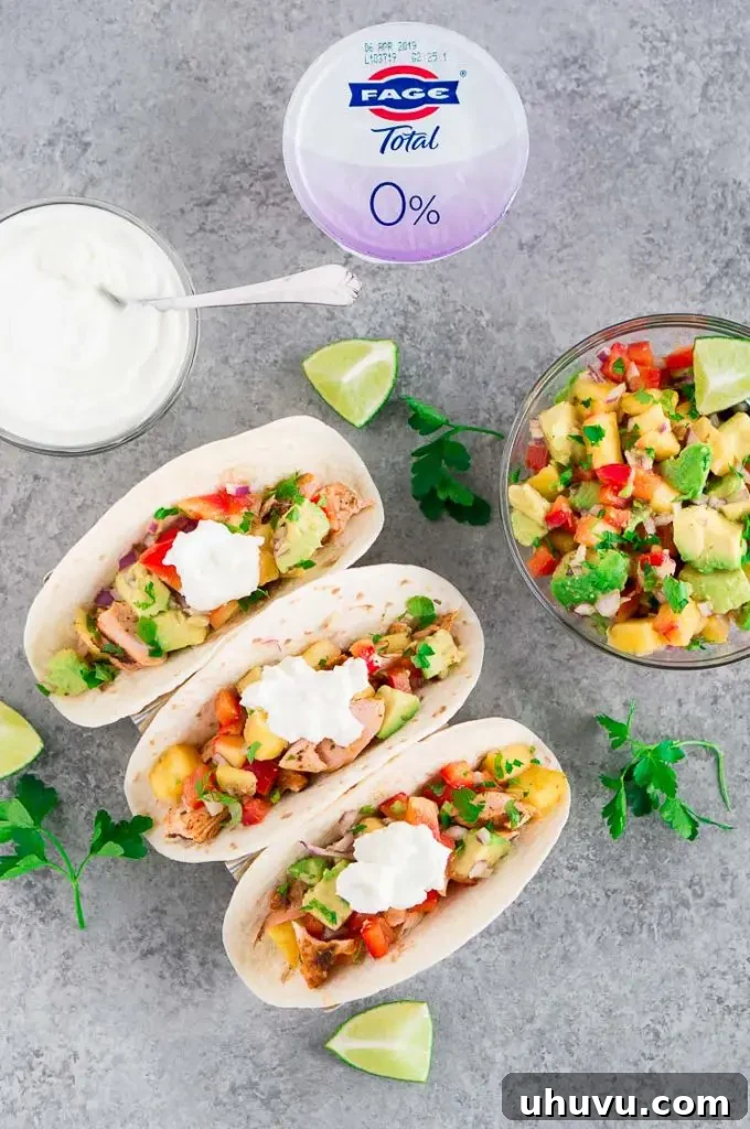 Blackened salmon Tacos with Pineapple Avocado Salsa and Greek yogurt
