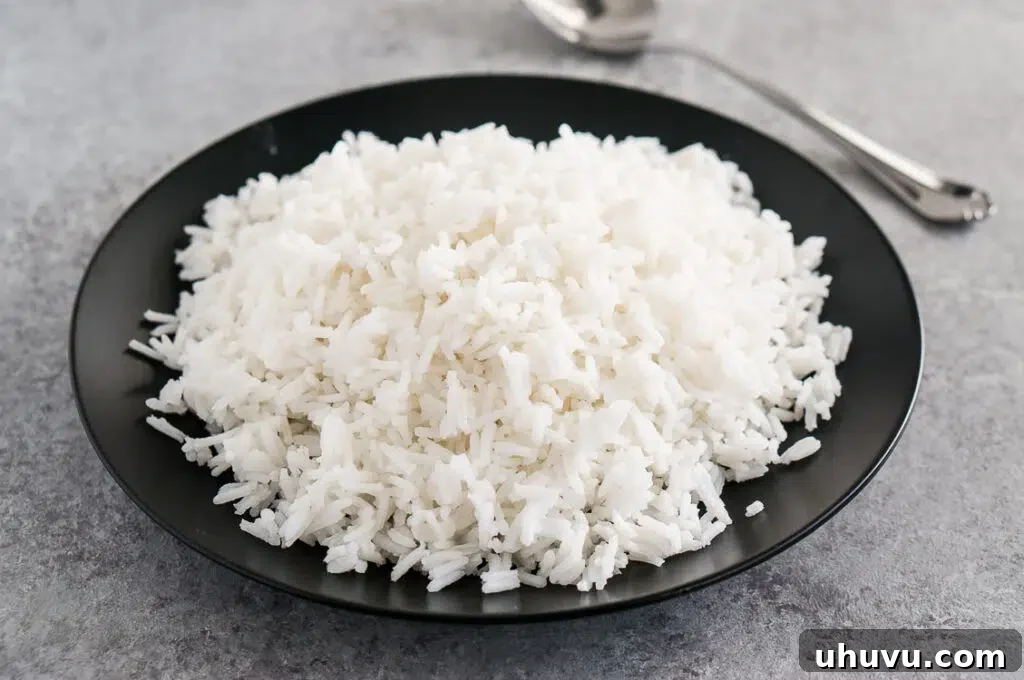 Close-up of fluffy white rice served on a black plate, showcasing its perfect texture.