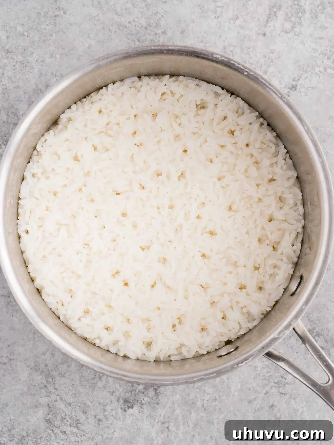Cooked white rice simmering gently in a covered pot on the stove.