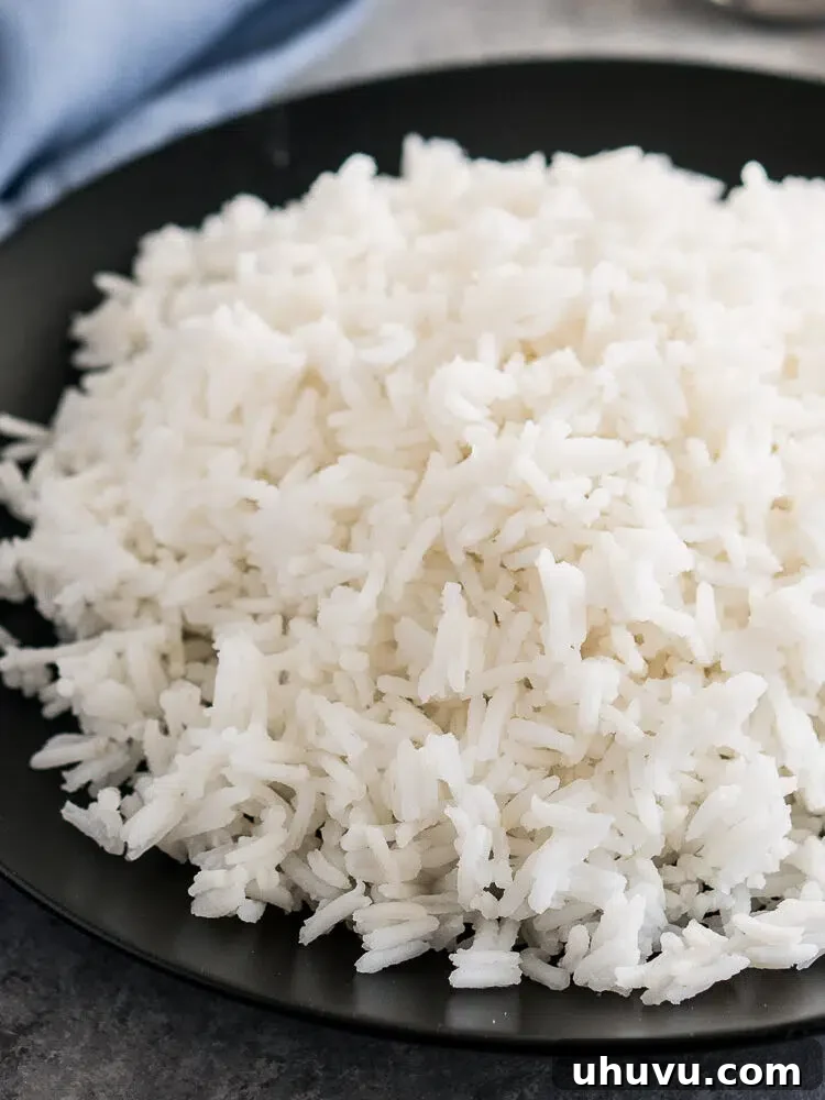 A serving of perfectly cooked, fluffy white rice on a black plate.