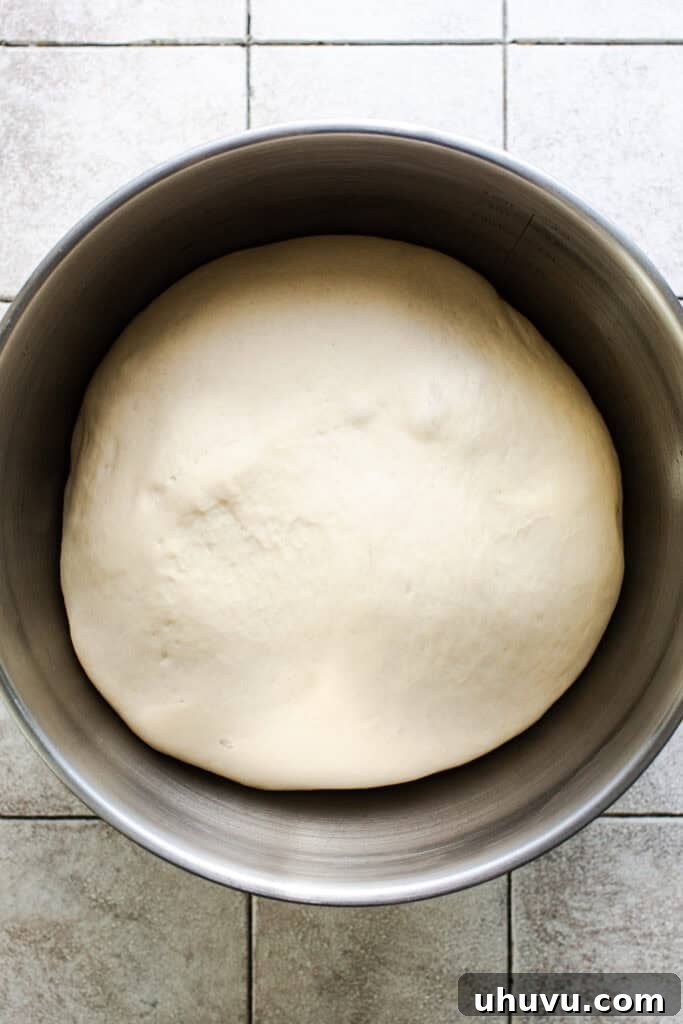 Dough in a greased bowl, covered with a towel for the first rise.