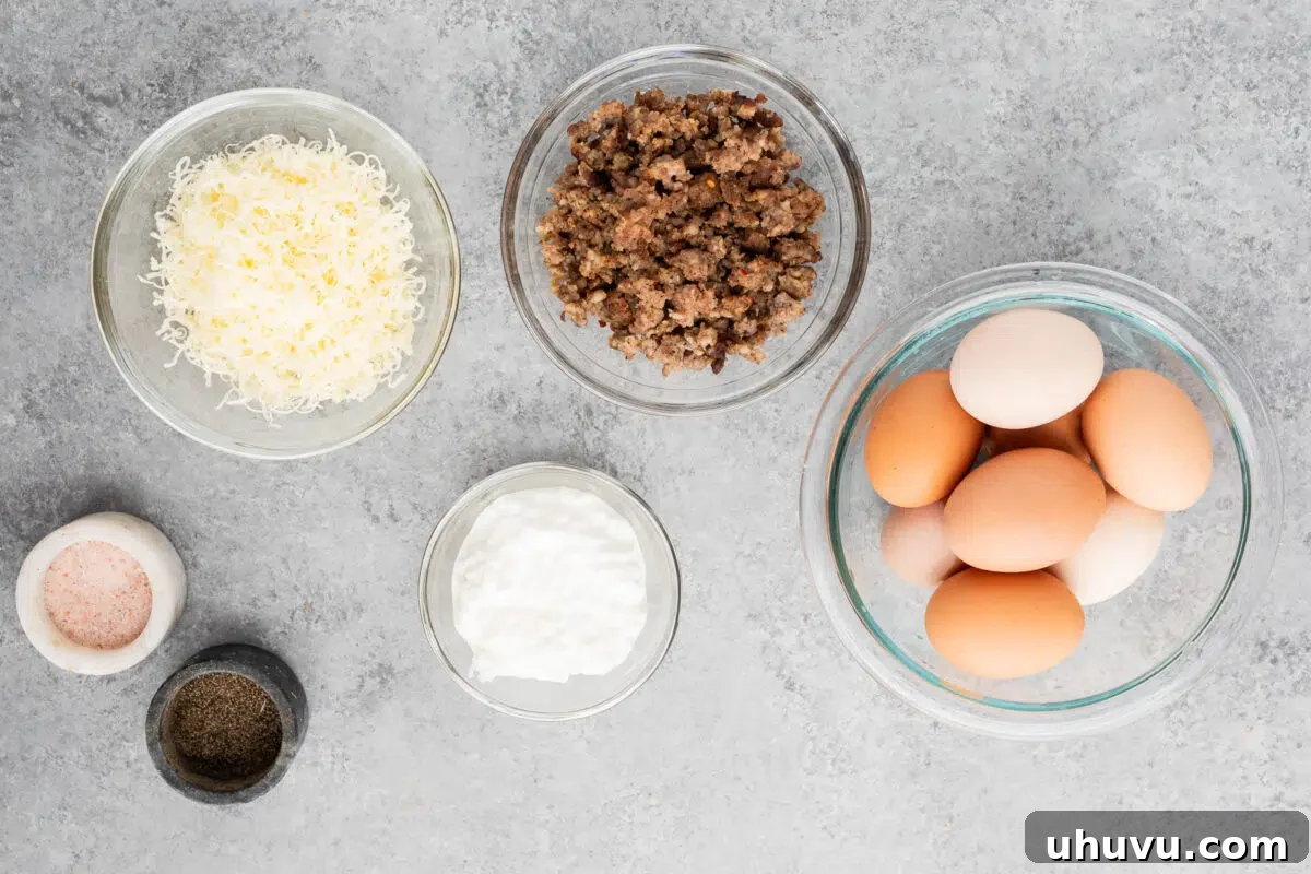 ingredients for egg bites using eggs cooked sausage and cottage cheese 
