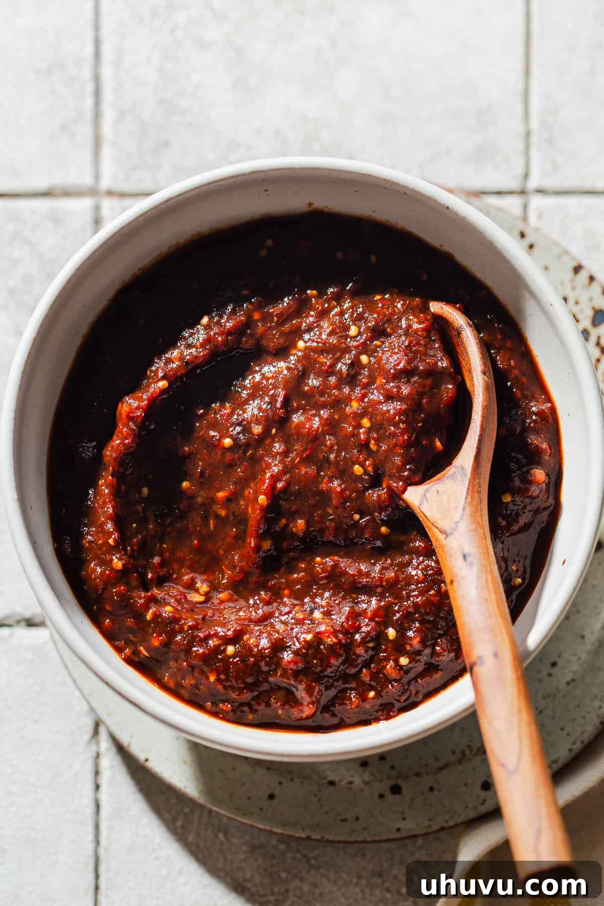 A vibrant bowl of homemade Salsa Morita with a wooden spoon, ready to be enjoyed.