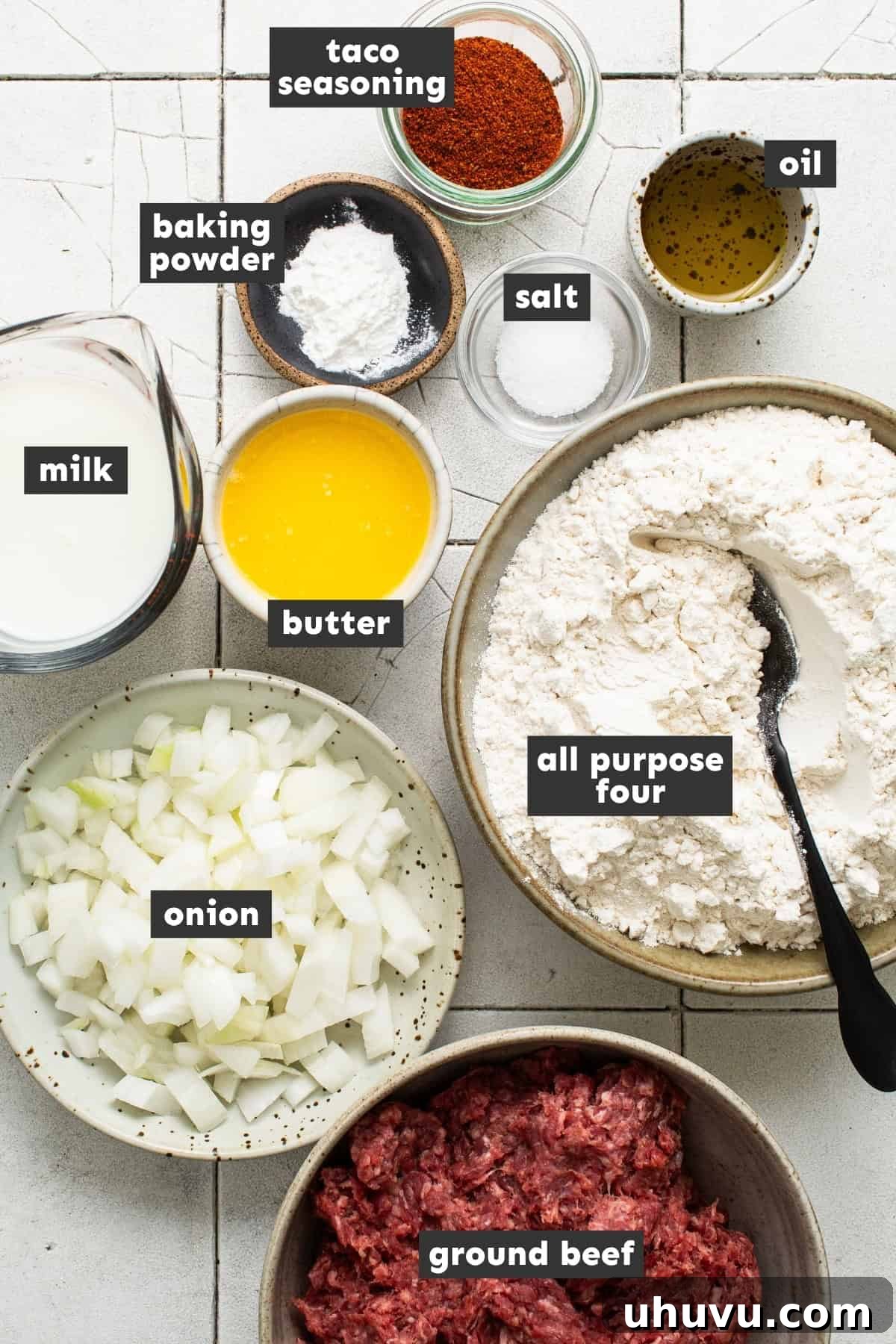 Crispy Homemade Chalupas Recipe 4 Ingredients for homemade chalupas laid out on a counter.