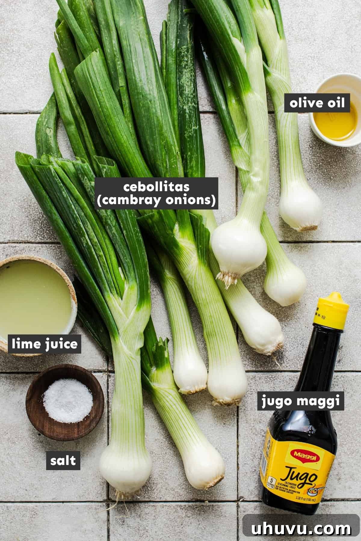 Grilled Cambray Onions Recipe (Cebollitas Asadas) 4 Ingredients for cebollitas asadas including cambray onions, lime, salt, and Jugo Maggi.