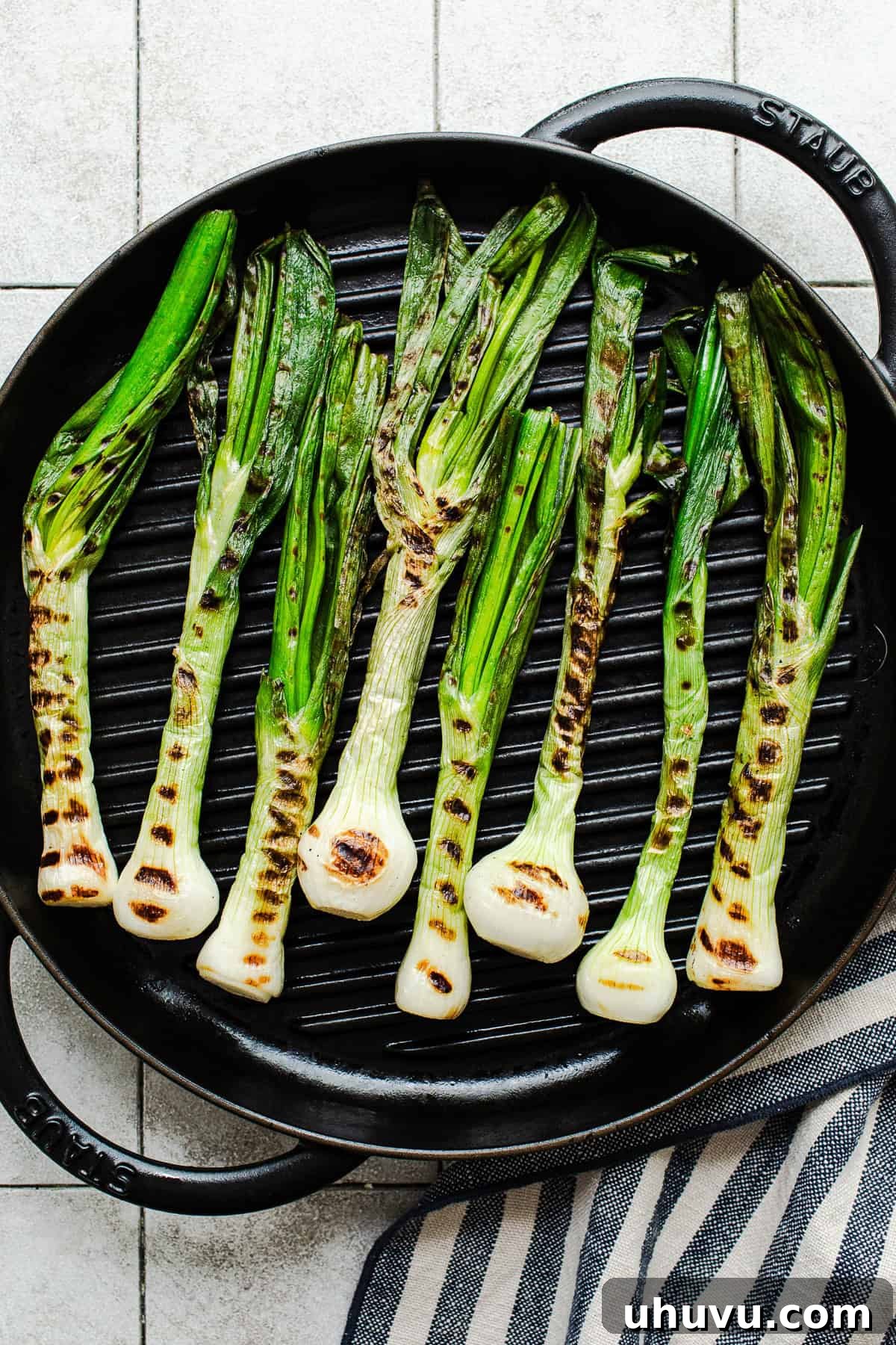 Grilled Cambray Onions Recipe (Cebollitas Asadas) 6 Cebollitas asadas charring on a grill pan until soft and blistered.