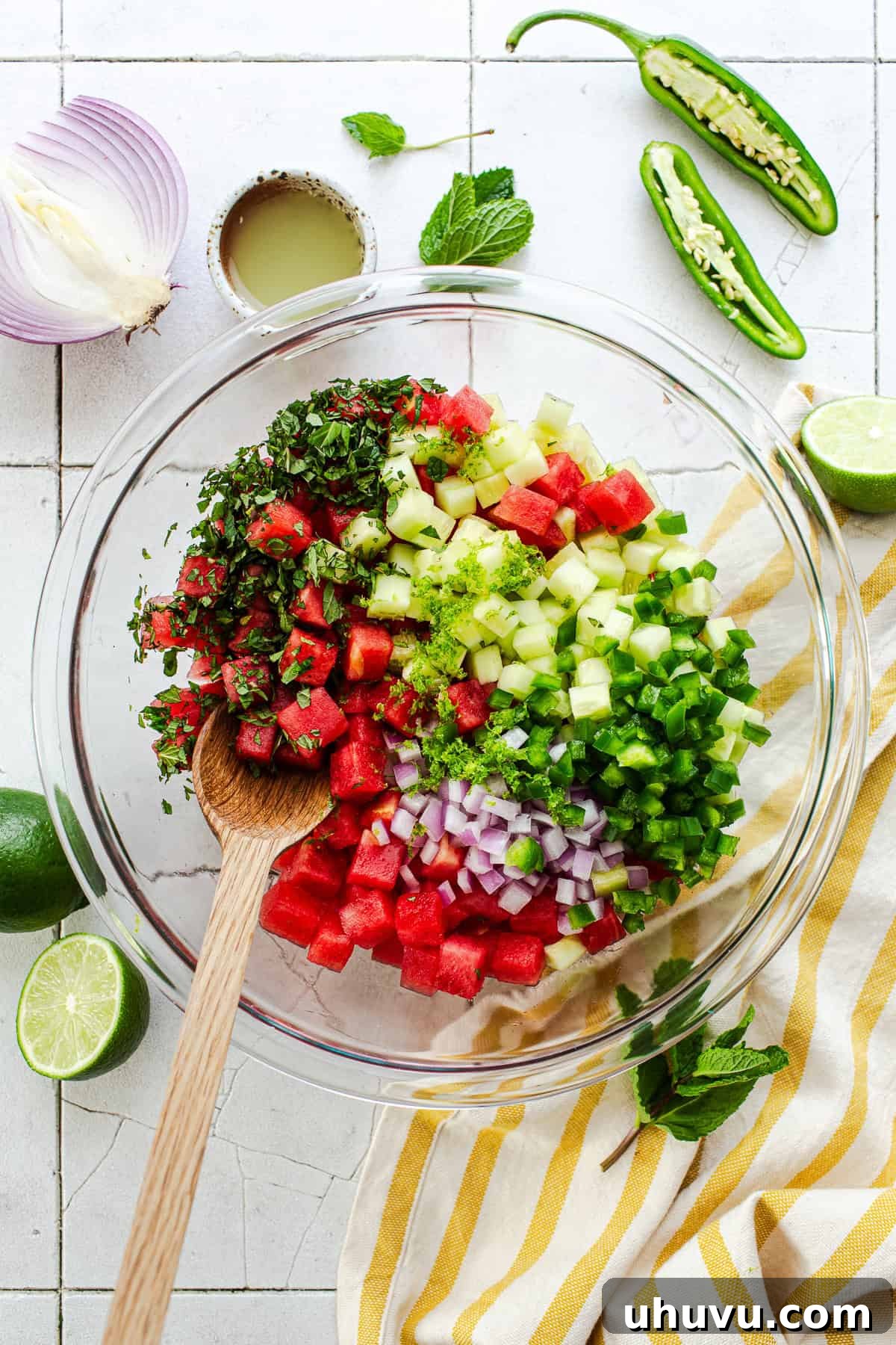 Refreshing Watermelon Salsa with Lime and Cilantro 6 Watermelon salsa ingredients in a bowl before mixing