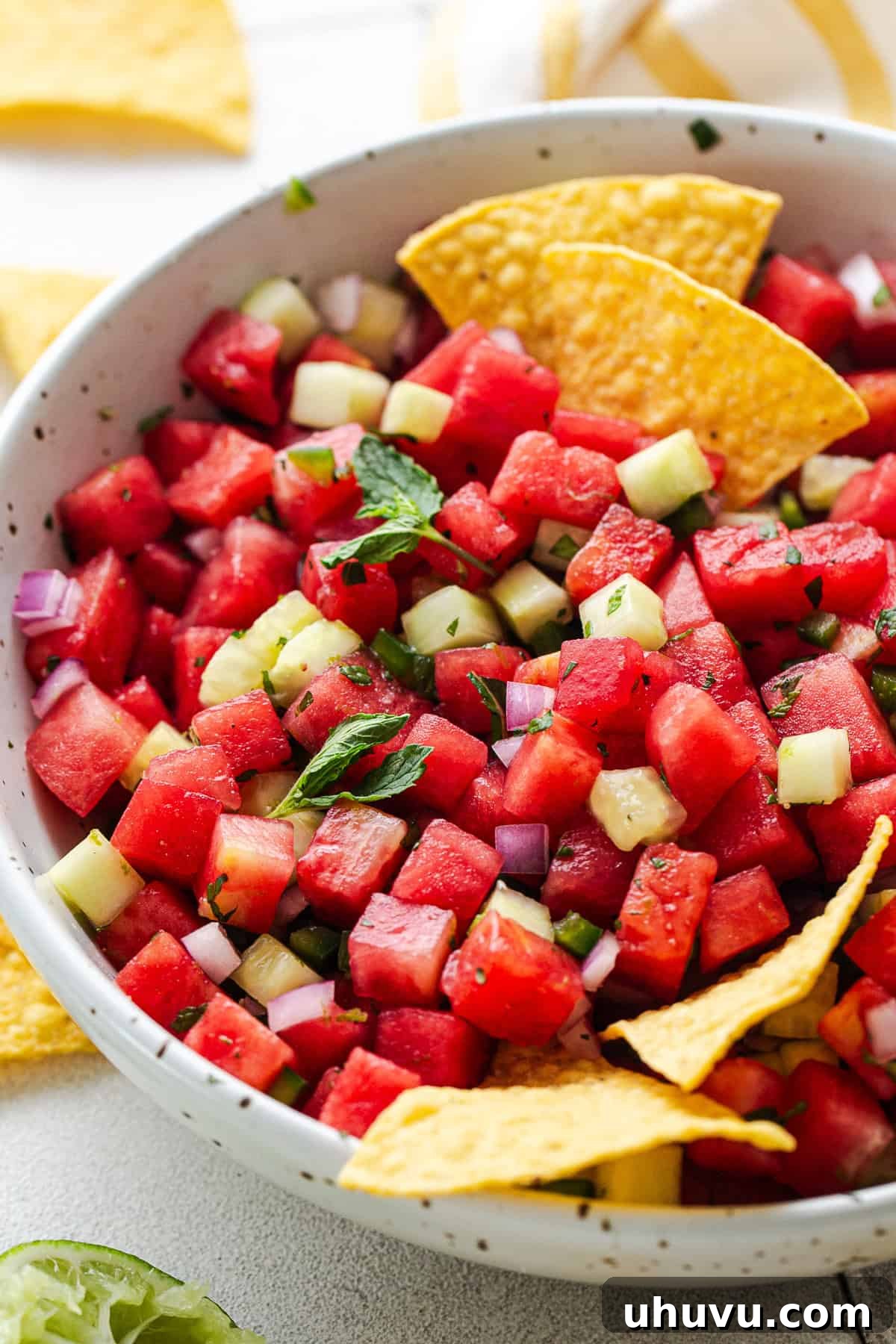 Refreshing Watermelon Salsa with Lime and Cilantro 8 Watermelon salsa with mint and cucumber in a bowl served with tortilla chips.