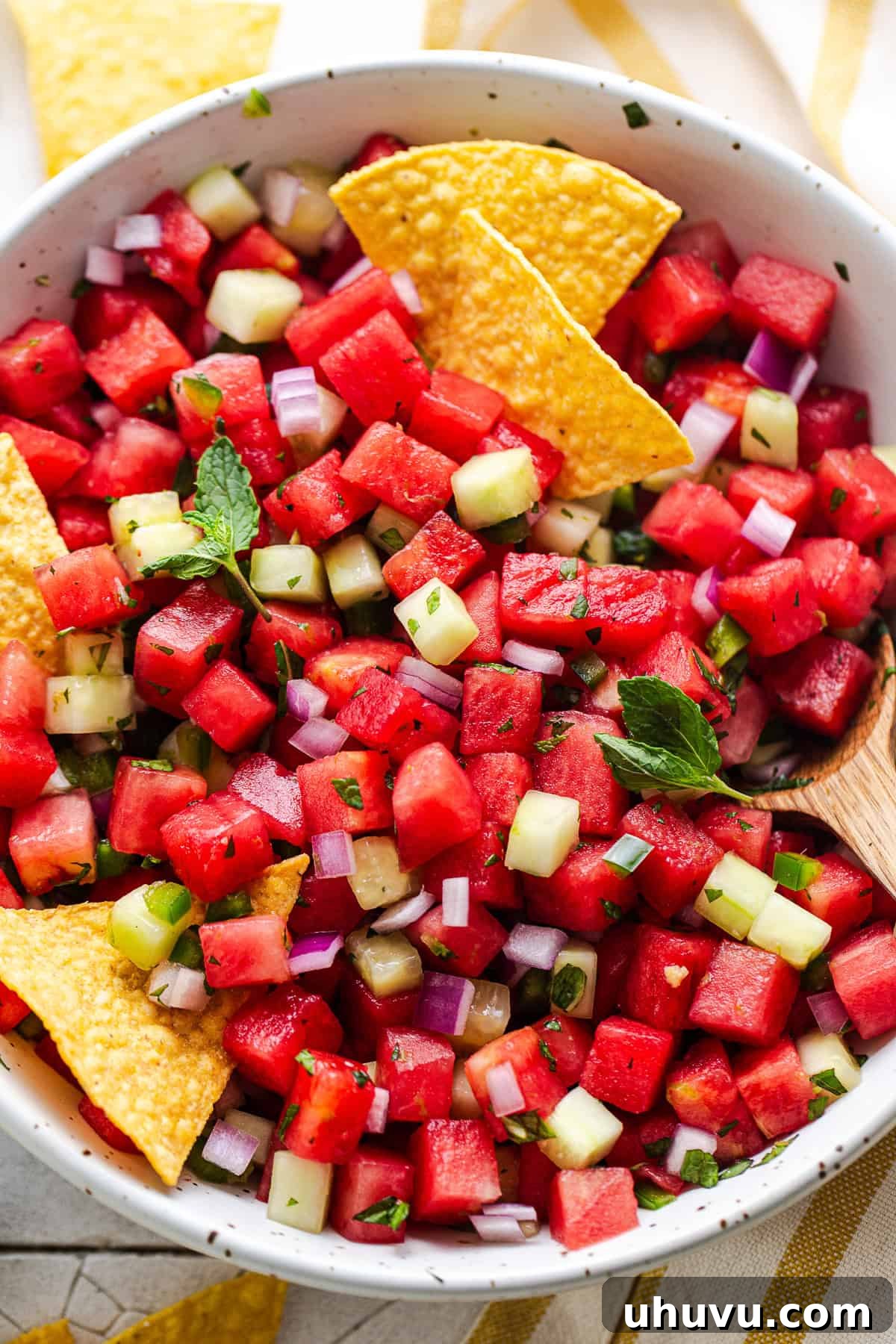 Refreshing Watermelon Salsa with Lime and Cilantro 9 Overhead shot of easy watermelon salsa in a bowl with tortilla chips.