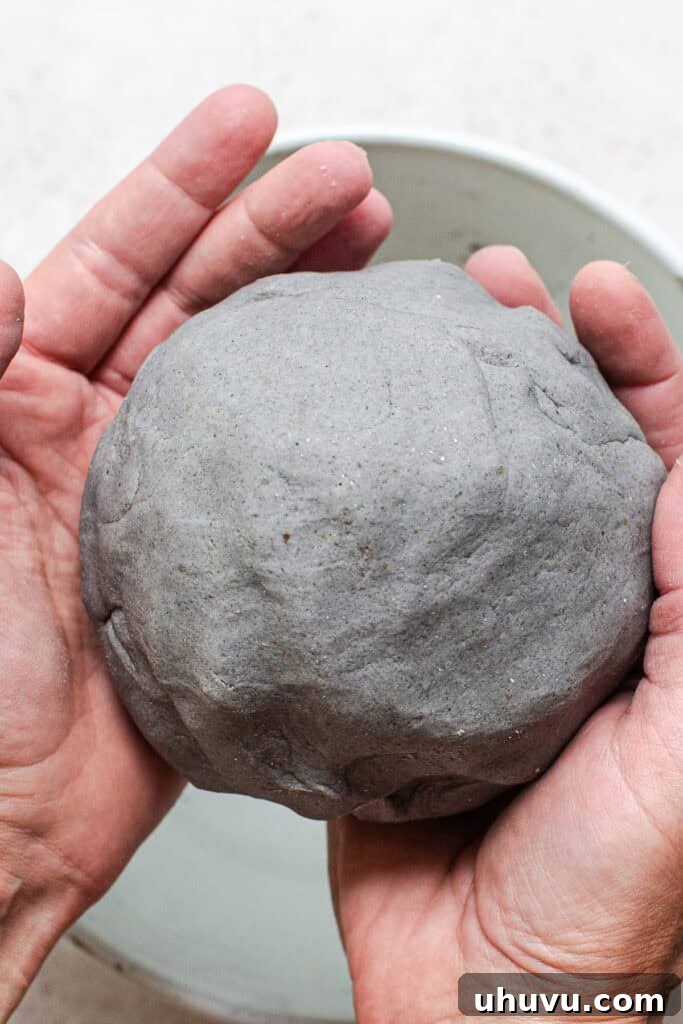 Authentic Blue Corn Tortillas Recipe 6 Dough for blue corn tortillas shaped into a ball.