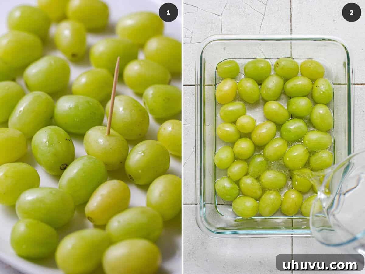 Tequila Chamoy Grapes: Spiked Grapes Recipe 5 Green grapes in a shallow bowl with a toothpick poking a hole in one grape. And Silver tequila being poured over green grapes in a glass container.
