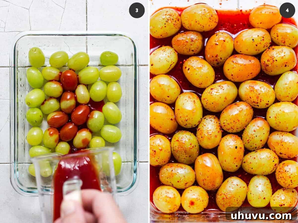 Tequila Chamoy Grapes: Spiked Grapes Recipe 6 Chamoy being poured over strained tequila grapes. And Boozy grapes tossed in chamoy and sprinkled with Tajín.