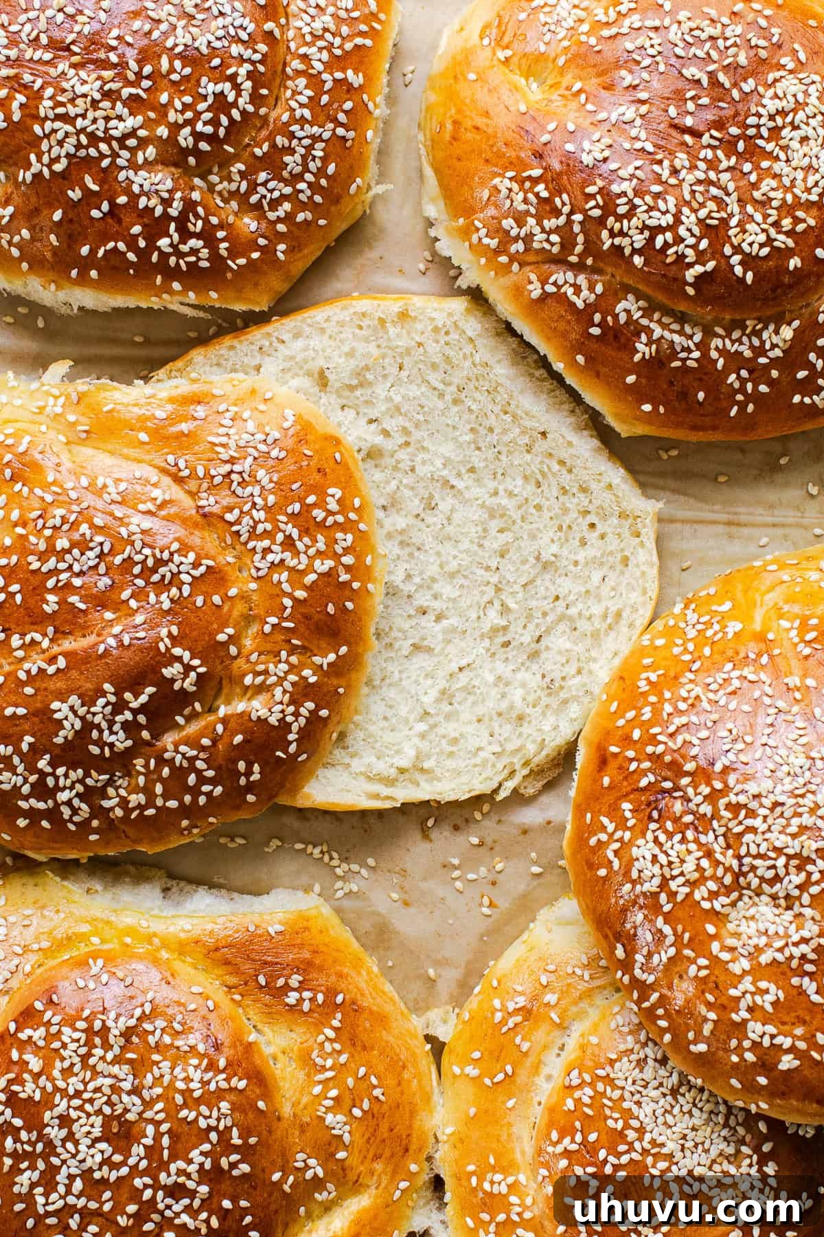 Authentic Cemita Buns: Mexican Sesame Sandwich Rolls 9 A cemita bun sliced in half lengthwise.